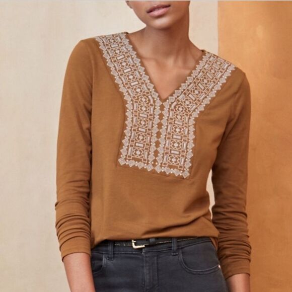 Garnet Hill Stella Embroidered Knit Top Brown - Picture 1 of 7